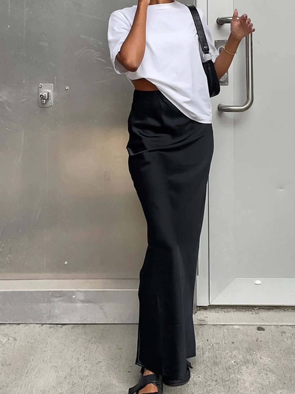 Commense Black Satin Maxi Skirt